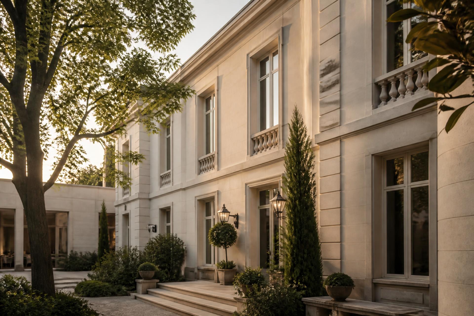 Stone facade of a classical residence at golden hour